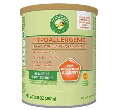 A tub of Comforts for Baby Hypoallergenic infant formula found at Baker City Market, Dillons, Food 4 Less, Fred Meyer, Frys, King Soopers, Kroger, QFC, Ralphs, and Smith’s.