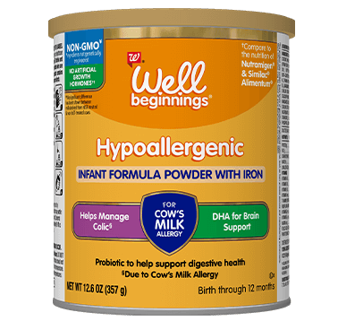 A tub of Well Beginnings Hypoallergenic infant formula found at Walgreens.