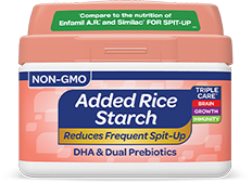 Store Brand Added Rice Starch infant formula tub.