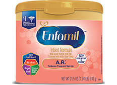 A tub of Enfamil A.R. infant formula.