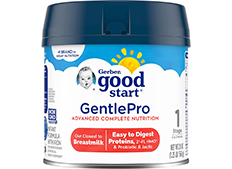 A tub of Gerber Good Start Gentle infant formula.