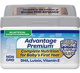 Store Brand Advantage infant formula tub.